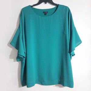J Jill Wearever Womens Flounced Sleeve Woven Top Size L Green Round Neck Demure